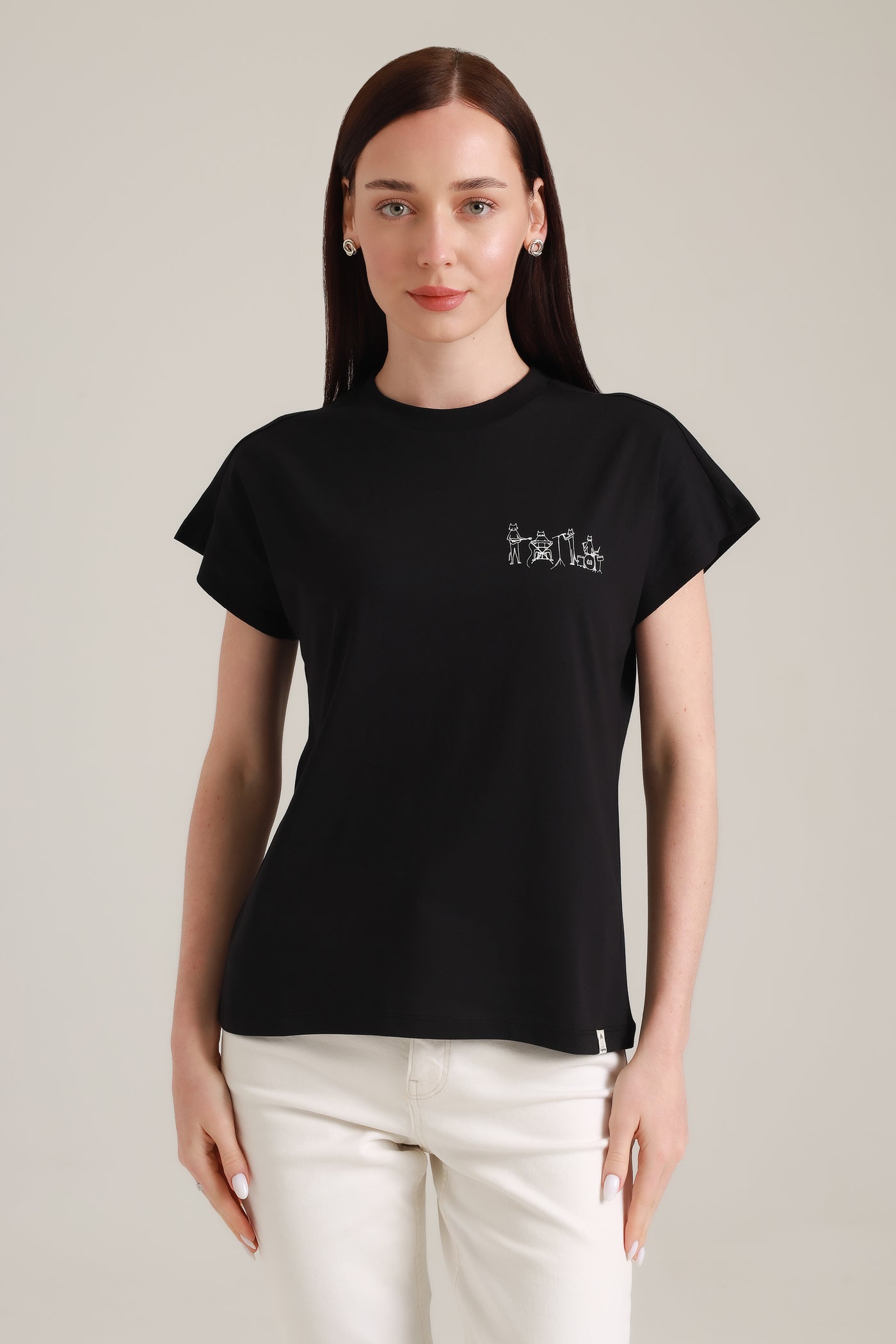 T-Shirt Women Short Sleeves Cat Band Black