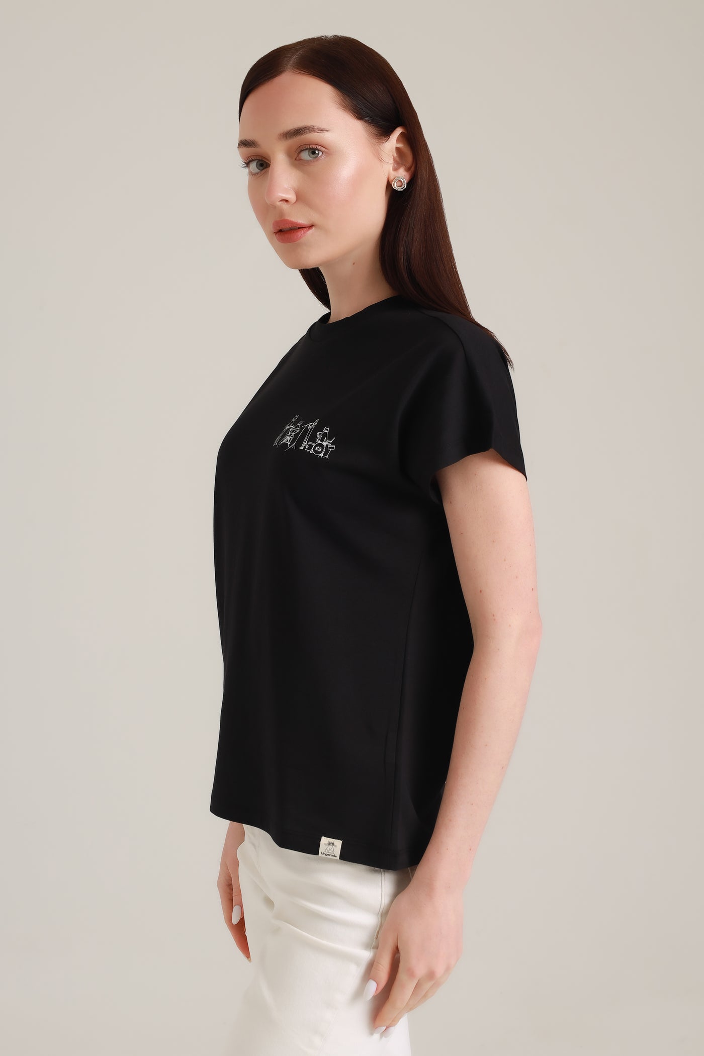 T-Shirt Women Short Sleeves Cat Band Black