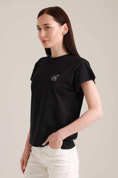 T-Shirt Women Short Sleeves Space Cat Black