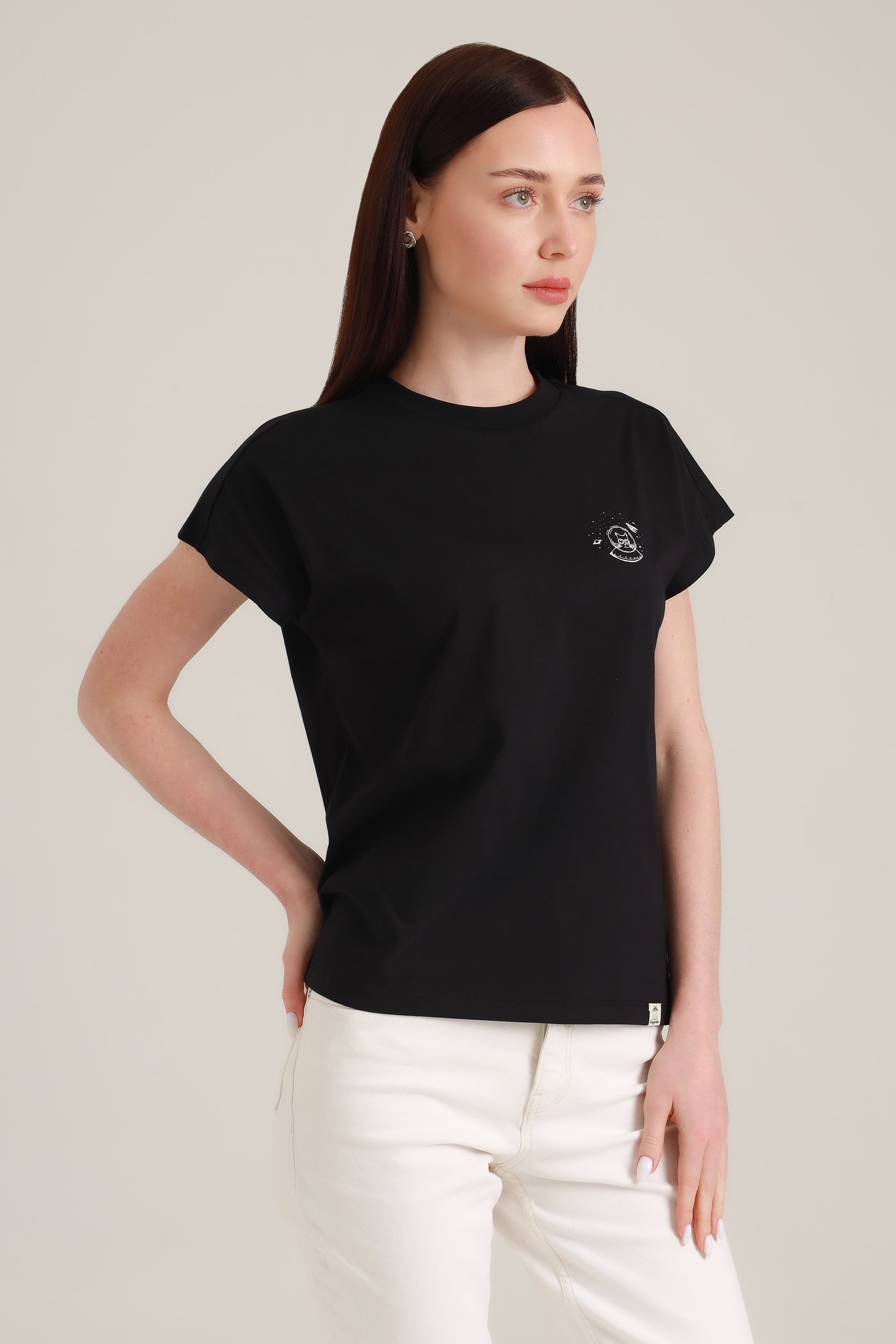 T-Shirt Women Short Sleeves Space Cat Black