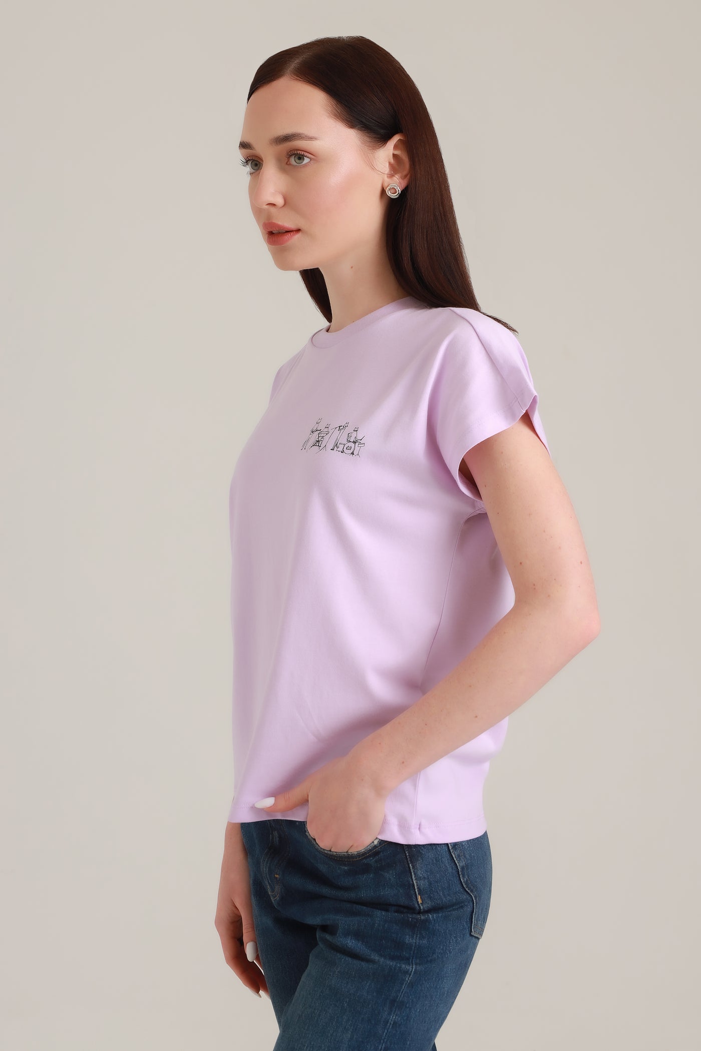 T-Shirt Women Short Sleeves Cat Band Lavender