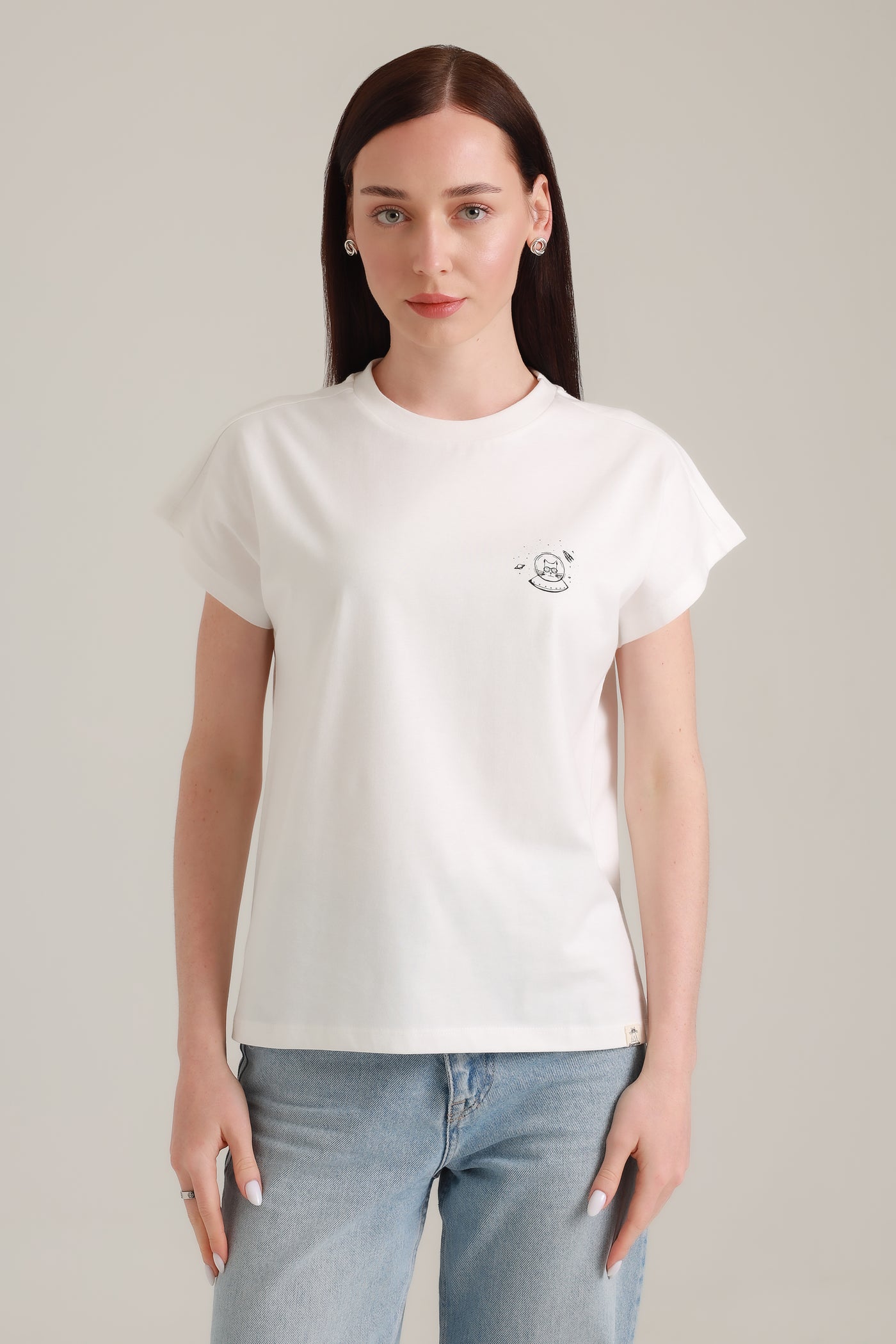 T-Shirt Women Short Sleeves Space Cat White Alyssum