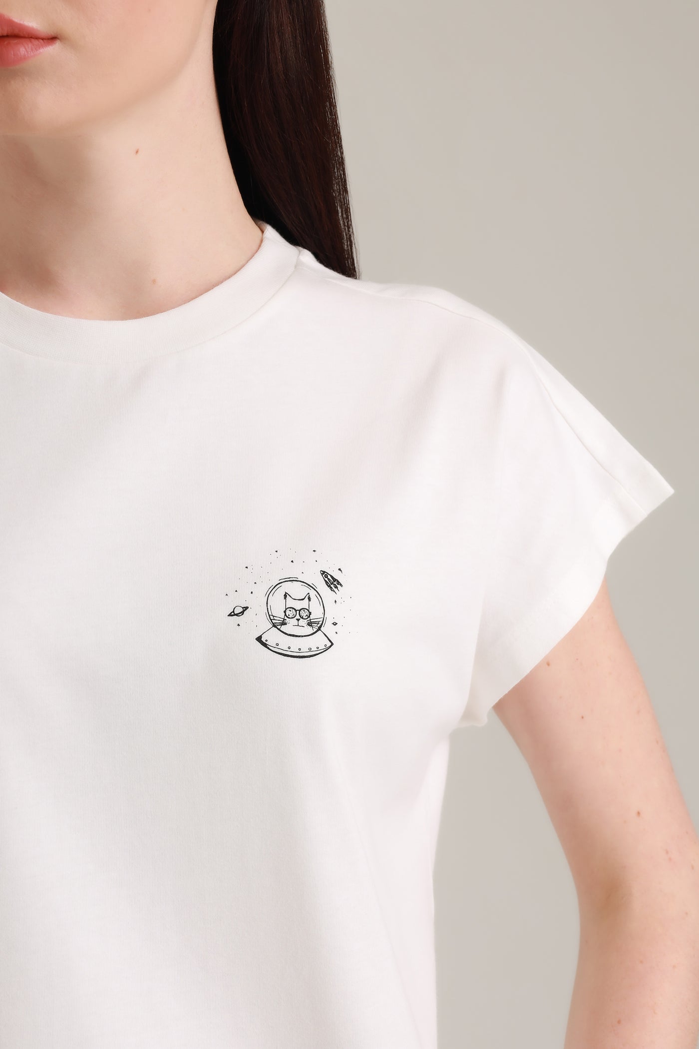 T-Shirt Women Short Sleeves Space Cat White Alyssum